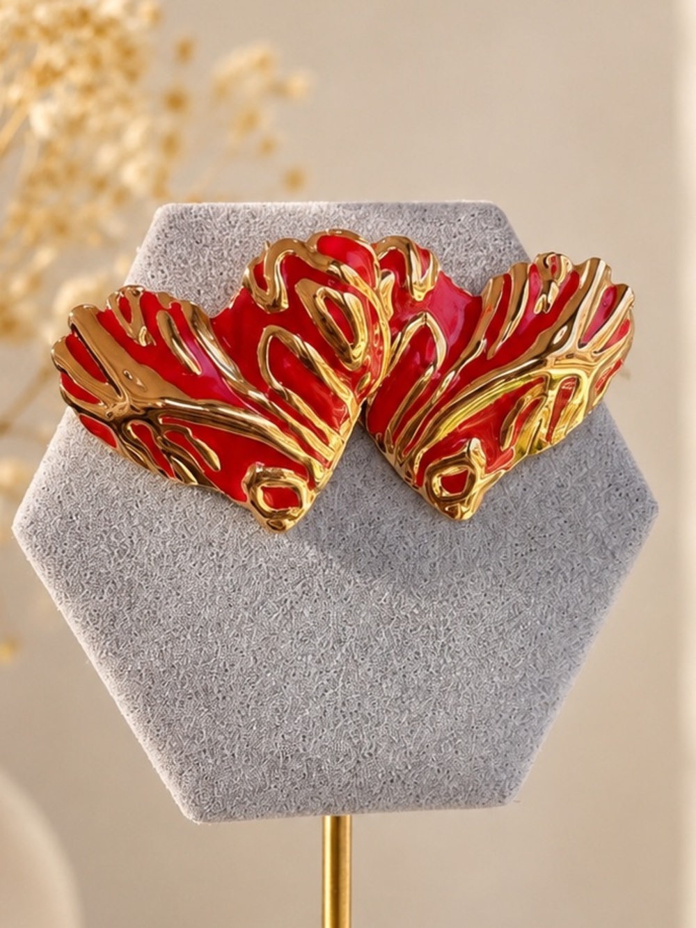 Red Stud Earrings with Gold Waves - Women Jewelry